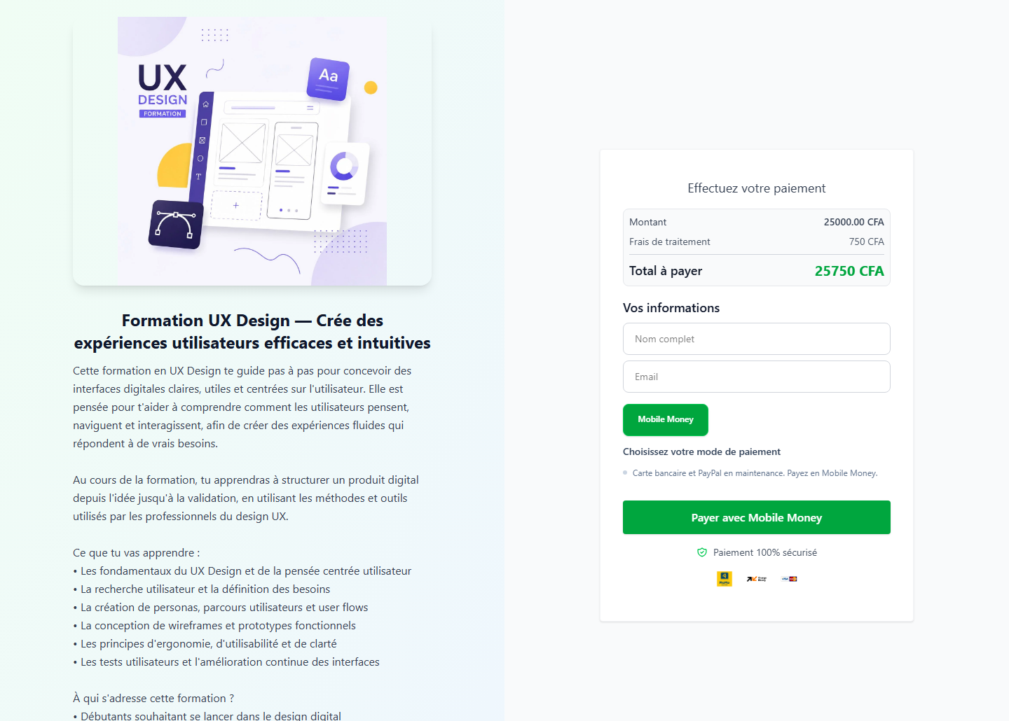 Exemple de page de lien de paiement LeekPay : Formation UX Design