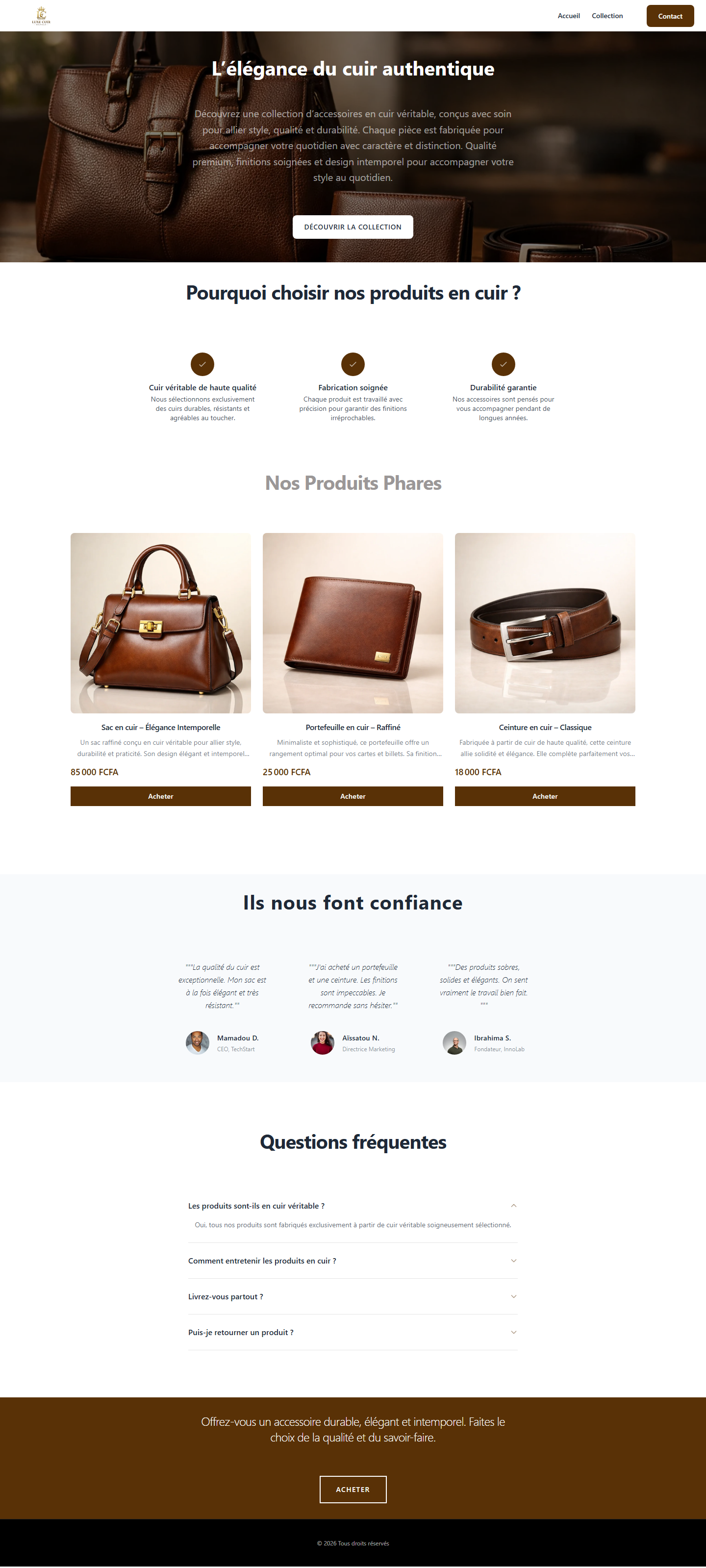 Exemple de page de vente créée avec LeekPay : boutique de maroquinerie